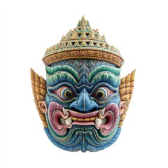 Fototapeta premium Vibrant Hand Carved Thai Yaksha Mask Colorful Demon Face Art Deity Sculpture Asian Culture
