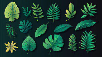 Fototapeta premium A set of vector illustrations with green leaves on a dark background.