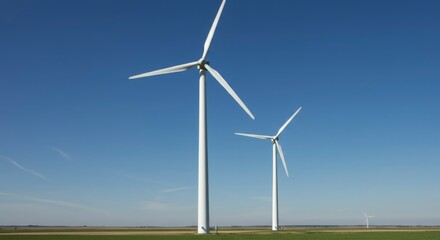Two wind turbines against a clear blue sky