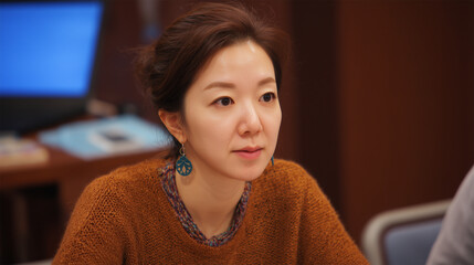 Portrait of a Korean woman in a brown sweater