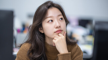Young woman in office looking contemplative