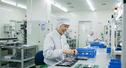 Naklejka premium Factory workers assembling electronic components