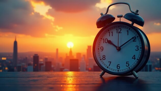 Clock showing time change, sun rising over cityscape , urban landscape, horizon, landscape