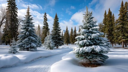 Snowy winter forest path