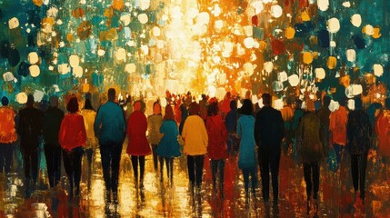 Crowd of People Walking Away in Dense Fog Impressionistic Painting