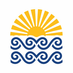 Stylized Sun and Waves Ocean Icon vector Design.