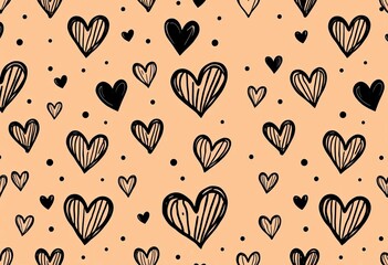 Brown background, black hearts & polka dots, seamless doodle pattern, minimal vector art,  light,  print