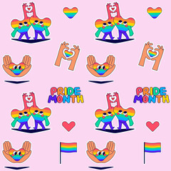 LGBT seamless pattern. Pride month. Groovy stickers with hearts. Flat vector illustration.	
