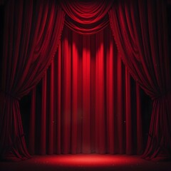 Dramatic Red Stage Curtains with Spotlights and Reflection
