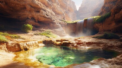 Majestic Waterfall Oasis in Arid Canyon Reflecting Serenity and Tranquility Under Warm Desert Sun Casting Shadows and Reflections in Clear Turquoise Water