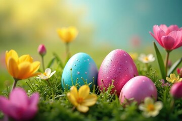 Fototapeta premium Colorful Easter eggs hidden in spring flowers, festive celebration , easter decorations, background, texture