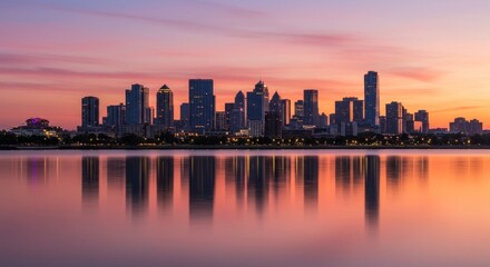 Obraz premium Sunset Cityscape Reflection - A serene cityscape at sunset, reflecting in calm water. Symbolizing peace, tranquility, urban beauty, reflection, and hope