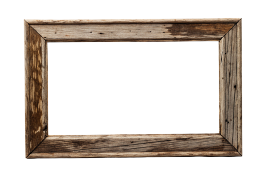 A rustic wooden picture frame with visible wood grain and a dark center against a black background on transparent background