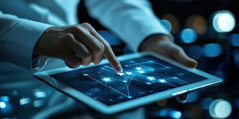 Fototapeta premium Person reviewing a company and giving 5 stars on a tablet screen