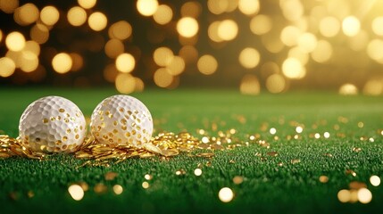 Golden Golf Balls on Green Festive Background