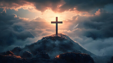 Obraz premium Holy cross symbolizing the death and resurrection of Jesus Christ with the sky over Golgotha Hill is shrouded in light and clouds. Apocalypse concept.