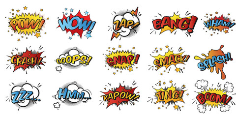 Naklejka premium Comic collection colored sound effects words pop art vector style. Set comic bubble speech word comic cartoon expression illustration. Lettering phrase.