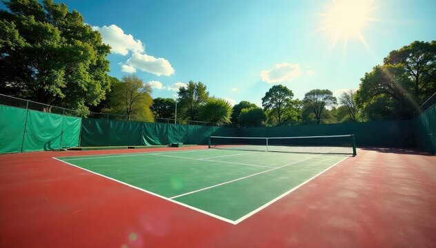 Empty tennis court under bright sunlight, ready for a game , pole, bright, rectangle