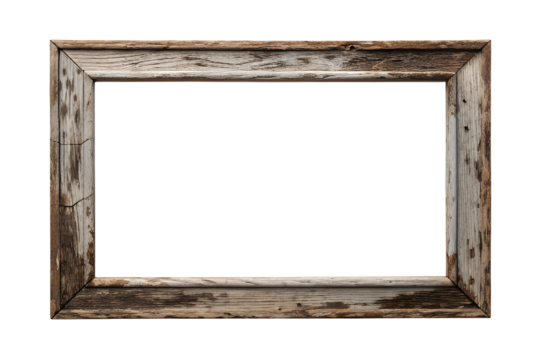 A weathered wooden frame with a rectangular opening against a black background in a studio setting on transparent background