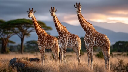 Fototapeta premium Three giraffes in african savannah sunset