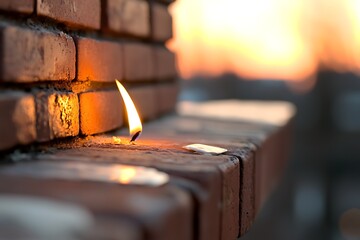 Candle flame against brick wall at sunset
