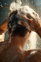 Man washing hair with abundant suds, hyper-realistic close-up in vivid style

