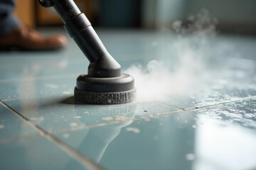 High-pressure steam cleaner nozzle cleaning grout on a tile floor , cleaning equipment, shiny