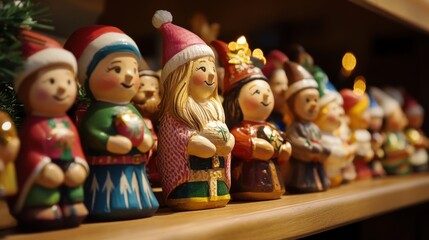 Holiday Elf Figurine Collection Dressed in Festive Clothing on a Wooden Surface