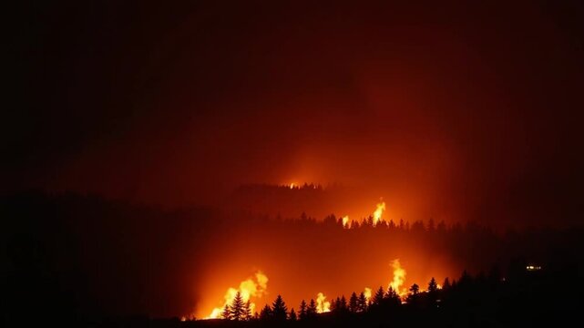 large flames of forest fire at night