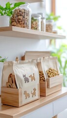 Pet food storage, wooden boxes, canvas bags