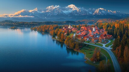Scenic alpine lake village at sunrise.