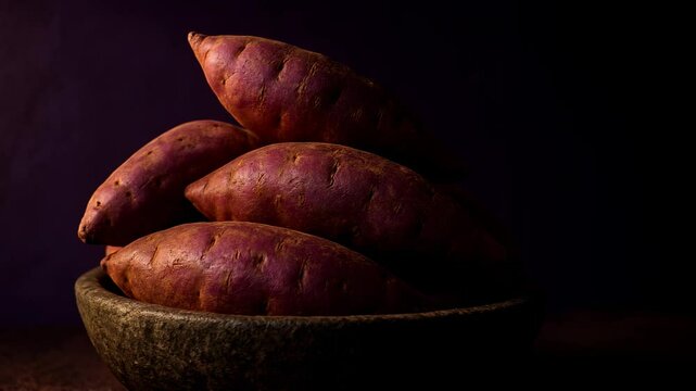 Pile of raw purple sweet potatoes in stone bowl with moody lighting and deep violet background in rustic still life setup