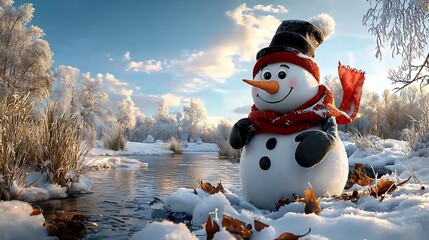 Obraz premium there is a snowman that is standing in the snow by the water