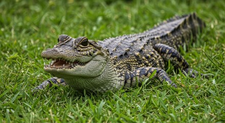 Young Alligator Resting in Grassland - A juvenile alligator basks in the sun, symbolizing patience, resilience, wild nature, hidden power, and survival