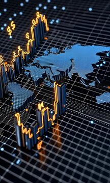 This image presents a detailed, stylized view of a global financial system, incorporating a world map, chart, and dollar symbols. The bars illustrate trends and monetary values