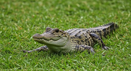 Obraz premium Young Alligator Resting in Sunlight - A juvenile alligator basks in the sun amidst vibrant green grass, symbolizing nature, wildlife, tranquility, resilience, and the beauty of the wild