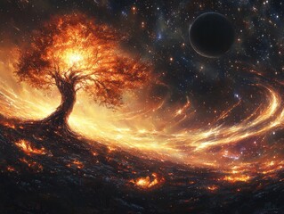 Fiery celestial tree in a fiery landscape under a starry night