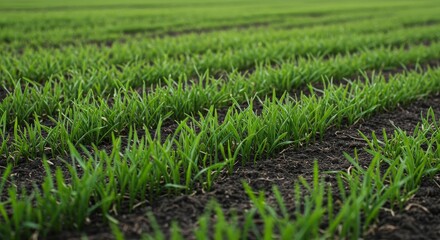Young Wheat Shoots in a Field - Rows of vibrant green young wheat plants sprout from dark soil, showcasing early growth and agricultural potential