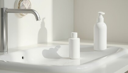 Bathroom with White Sink, Faucet and Bottles