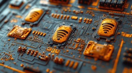 Close-up of circuit board with wireless symbols