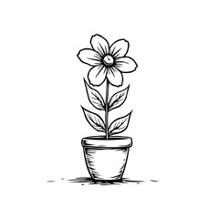 Elegant monochrome depiction of a blooming flower within an earthenware pot