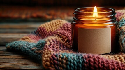 Warm autumnal candle nestled on a cozy knitted blanket.