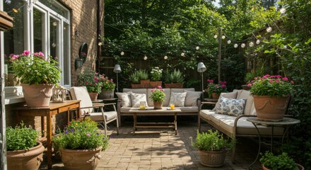 Fototapeta premium Charming backyard patio, lush greenery, comfortable seating