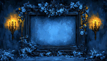 Ornate frame adorned with flowers, flanked by candelabras, all bathed in shades of blue