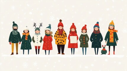 Group of Children Wearing Winter Clothes Standing in Falling Snow