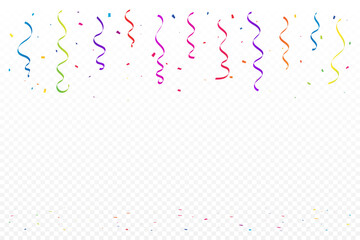 Colorful Confetti and Ribbon Falling on Transparent Background. Congratulations Wallpaper. Celebration Party Banner. Happy Birthday. Vector Illustration