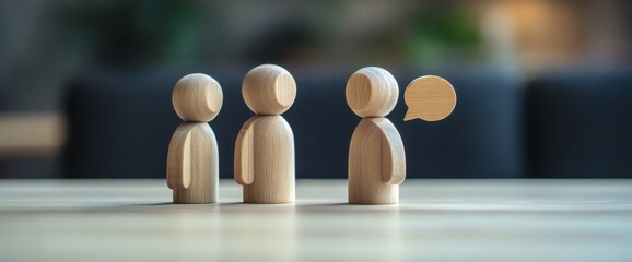 Wooden figure standing out among a group of diverse individuals, conversation concept, Wooden figurine with dialogue bubble, 