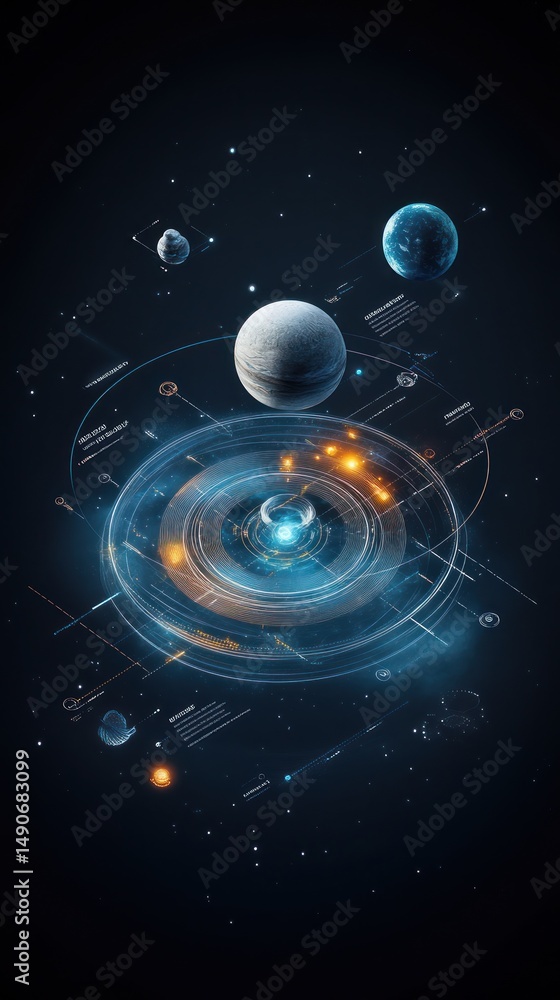 Poster futuristic space-tech system with orbiting planets and holographic interface