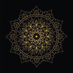 Ornate Golden Mandala with Intricate Floral and Geometric Patterns on Black Background