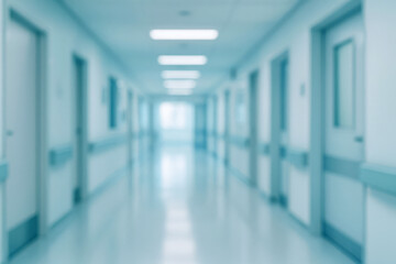 Obraz premium Blurred hospital corridor with white walls and flooring in daylight 